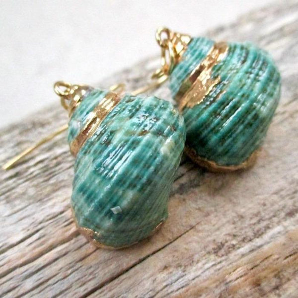 Aqua Green Turbo Shell Earrings Chunky Dangles with Gold Accents