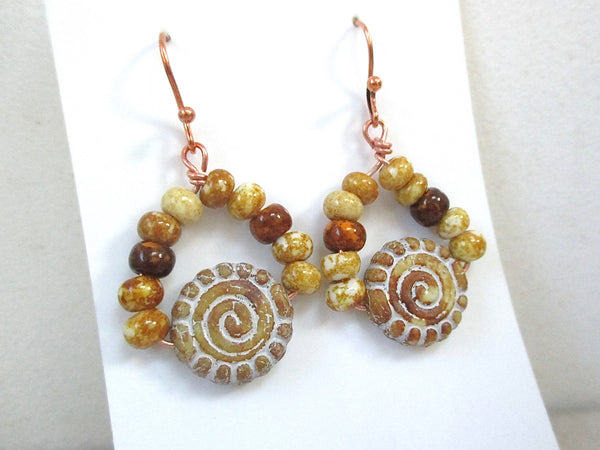 Circle of Life Rustic Boho Earrings with Czech Glass Dangles and Copper Wires