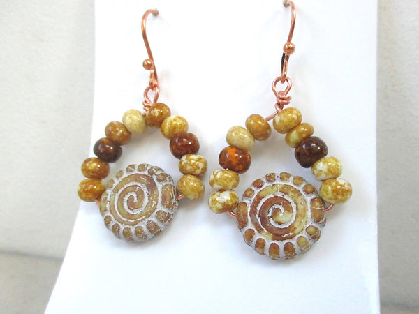 Circle of Life Rustic Boho Earrings with Czech Glass Dangles and Copper Wires