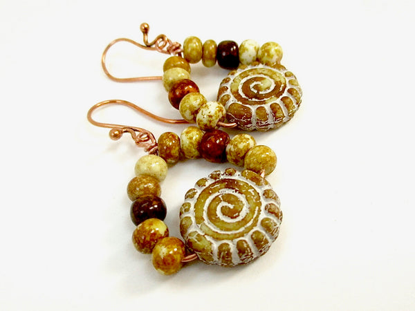 Circle of Life Rustic Boho Earrings with Czech Glass Dangles and Copper Wires