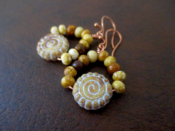 Circle of Life Rustic Boho Earrings with Czech Glass Dangles and Copper Wires