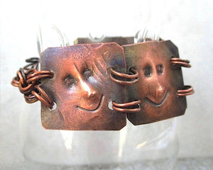 Hand Forged Copper Bracelet Primitive Gnomes Faces Antiqued Copper Unisex Link Bracelet