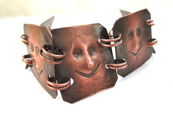 Hand Forged Copper Bracelet Primitive Gnomes Faces Antiqued Copper Unisex Link Bracelet