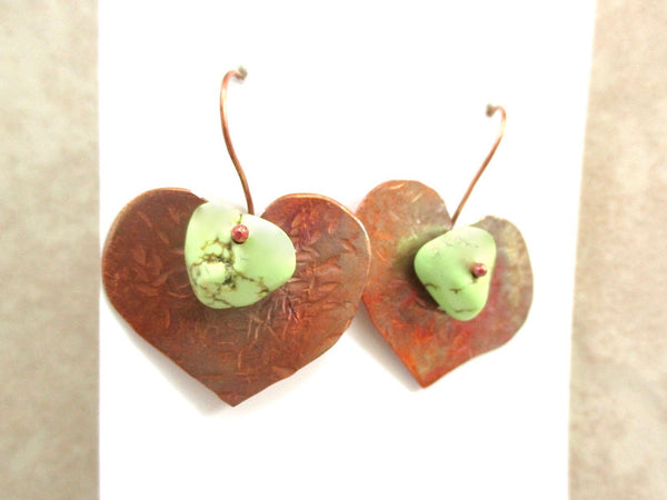 Green Turquoise Earrings, Rustic Textured Copper Hearts, Hammer Forged Flame Washed Metalwork