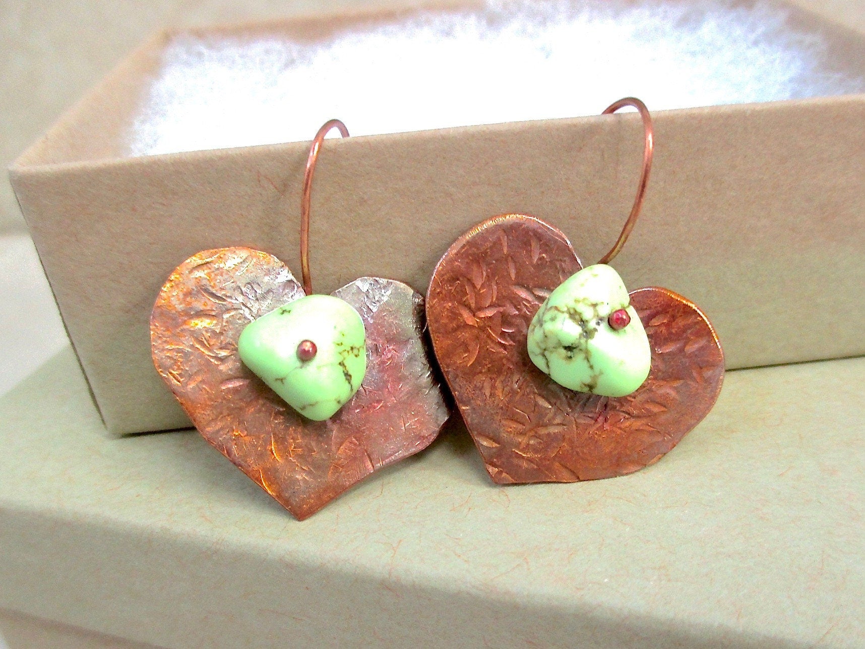 Green Turquoise Earrings, Rustic Textured Copper Hearts, Hammer Forged Flame Washed Metalwork