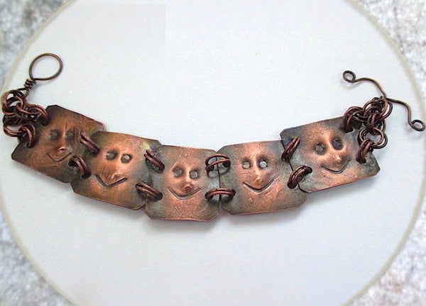 Hand Forged Copper Bracelet Primitive Gnomes Faces Antiqued Copper Unisex Link Bracelet