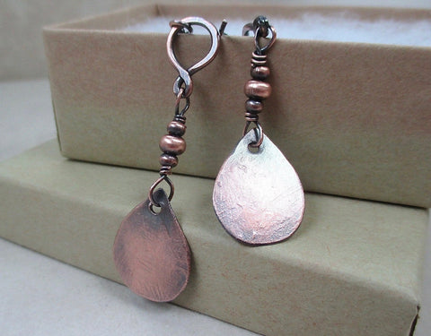 Rustic Copper Teardrop Earrings Hammered Metal Dangles