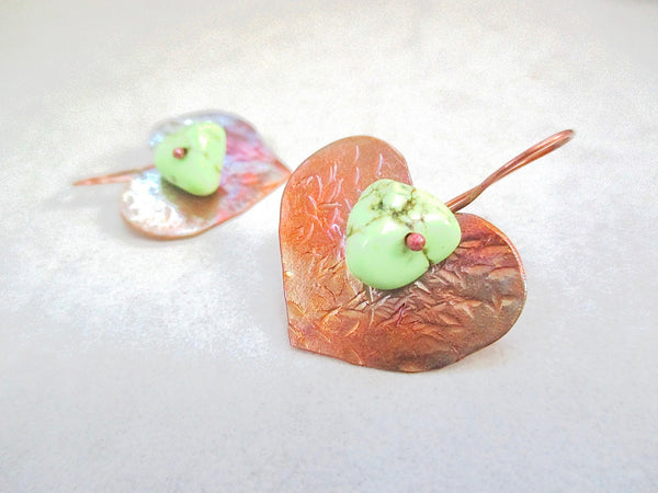 Green Turquoise Earrings, Rustic Textured Copper Hearts, Hammer Forged Flame Washed Metalwork