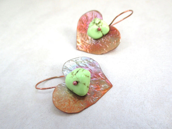 Green Turquoise Earrings, Rustic Textured Copper Hearts, Hammer Forged Flame Washed Metalwork