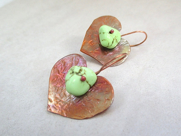 Green Turquoise Earrings, Rustic Textured Copper Hearts, Hammer Forged Flame Washed Metalwork