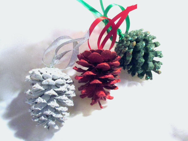 3 Hand Painted Pine Cone Christmas Ornaments, Set of 3 Holiday Decorations